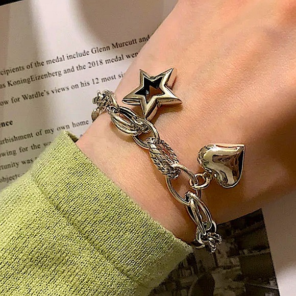 Sterling Silver Heart Star Charm Chain Link Bracelet - Picture 7 of 7